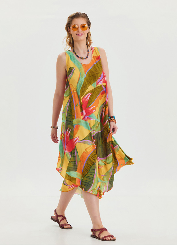 Boat Neck Loose Cut Yellow Authentic Dress 4666